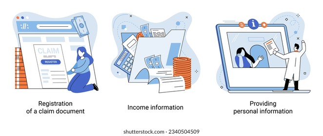 Registration of claim form register document, providing personal information, income information vector set. Employer form, earnings statement documents. Tax, financial and accounting reporting