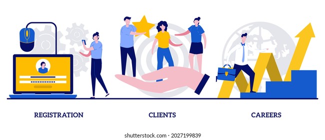 Registro, clientes, concepto de carrera con gente pequeña. Conjunto de ilustraciones vectoriales abstractas de la interfaz de tienda de Internet. Vacante abierta, empleados contratando, inscribiéndose, tienda online metáfora de pedidos de clientes.