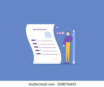 registration, filling in personal data information, personal biodata form. a man wants to fill out a paper registration form. illustration concept design. graphic elements