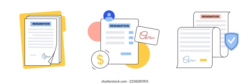 Registration form concept. Paper document signing. Agreement with signature. White sheets in folder, text for business, office or education. Horizontal banner, set of flat vector illustrations