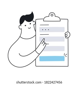 Registration Form. Cute Cartoon Man With A Registration Sign Up Form, Filling All Fields For Signing In, CTA Concept, Clipboard With Fields To Fill. Flat Line Vector Icon On White Background