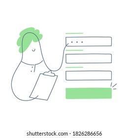 Registration form. Cute cartoon man with a registration sign up form, filling all fields for signing in. CTA concept, clipboard with fields to fill. Flat line vector icon on white background