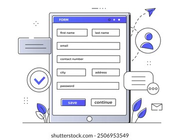 Diseño del formulario de registro. Página de Web con detalles del Inicio de sesión del sitio y de la página. Acuerdo y registro de documentos. Ilustración vectorial plana lineal aislada sobre fondo blanco