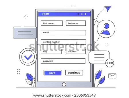Registration form design. Web page with site and page login details. Agreement and register of documents. Linear flat vector illustration isolated on white background