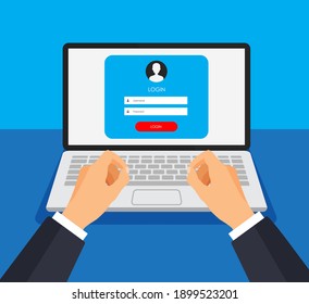 Registration form and login form page on a monitor display. Hands are typing on computer keyboard. Vector template for your design. Website ui concept. Laptop mockup.