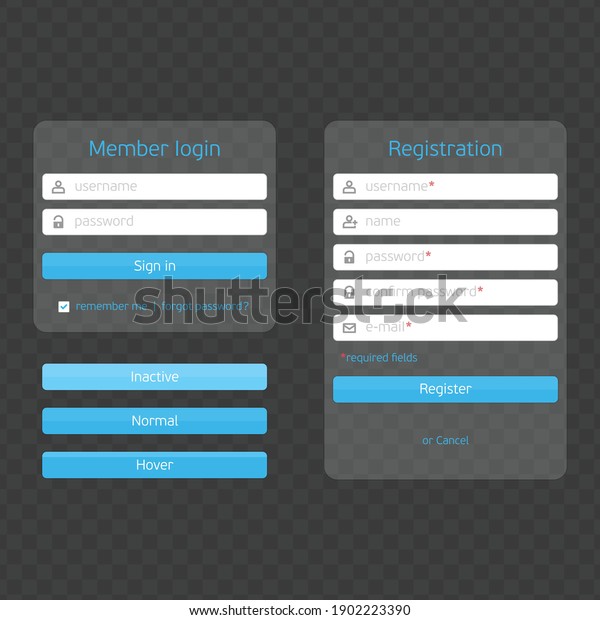 Registration form and login\
form. For web page, site, mobile applications, art illustration,\
design theme, modern menu, ui, app, contact empty box, banner,\
profil log in.