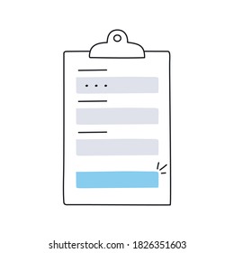 Registration Form On The Clipboard With Fields For Filling. Submit, Sign In, Application Form On White Background. Flat Line Isolated Vector Illustration