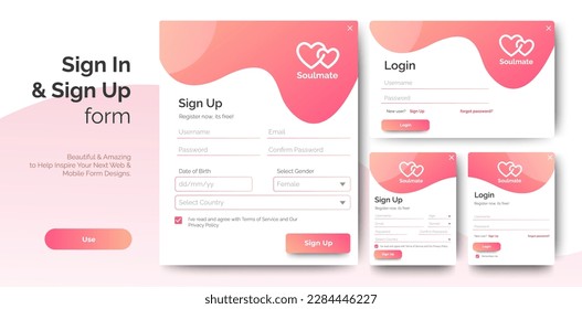 Registration form template with pink concept design. Mobile Mobile Sign Up and Sign In page.  Professional web design, full set of elements. User-friendly design materials.