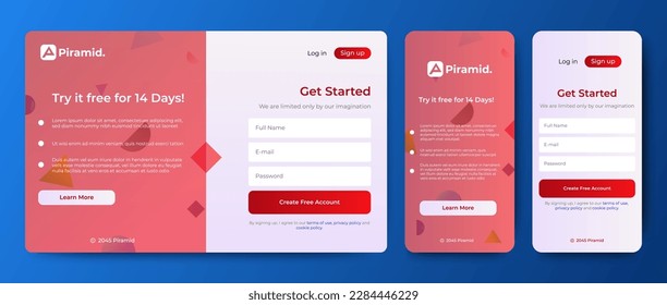 Registration form template with pink concept design. Mobile Mobile Sign Up and Sign In page.  Professional web design, full set of elements. User-friendly design materials.