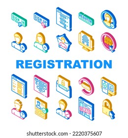 registro de iconos web conjunto vector. usuario de registro, sitio web online, laptop de inicio de sesión, ordenador, internet nuevo formulario de registro de aplicaciones web ilustraciones de signos isométricos