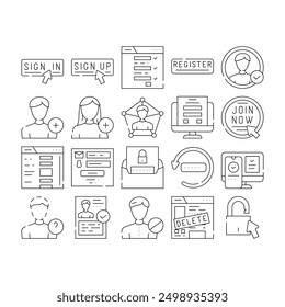 registration form web icons set vector. register user, website online, login laptop, computer, internet new application registration form web black contour illustrations