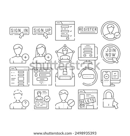 registration form web icons set vector. register user, website online, login laptop, computer, internet new application registration form web black contour illustrations