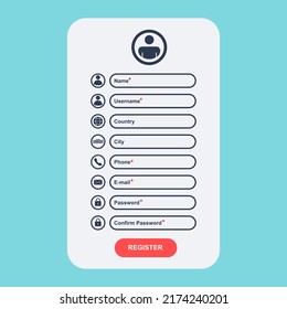 Registration form for web page or app. Register new account. Registration user on application. Vector template background.