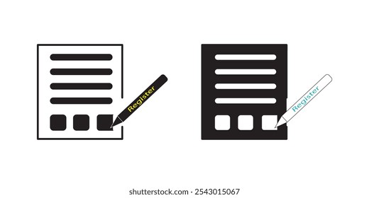 Ícone de registro design , contendo dados de documento de identidade adicionados, recepcionista, registrar online, inscrever-se, criar ou editar ou escrever informações ou formulário com lápis no papel. Ilustração vetorial