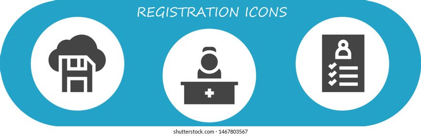 registration icon set. 3 filled registration icons.  Collection Of - Diskette, Reception, Register