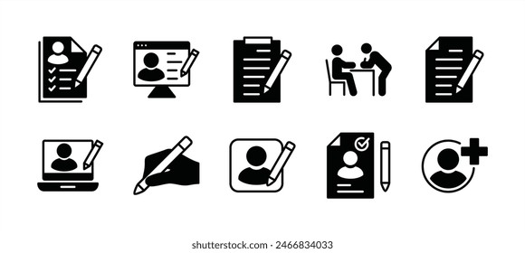 Registration icon set. Containing added identity document data, receptionist, register online, sign up, create or edit or write information or form with pencil on paper. Vector illustration