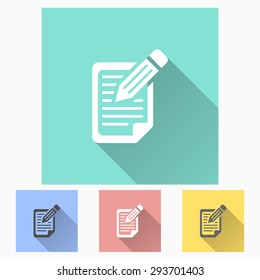 Registration - icon is white with long shadow, flat design. Vector illustration.