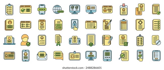 Registration icons set outline vector. Account create. New register thin line color flat on white