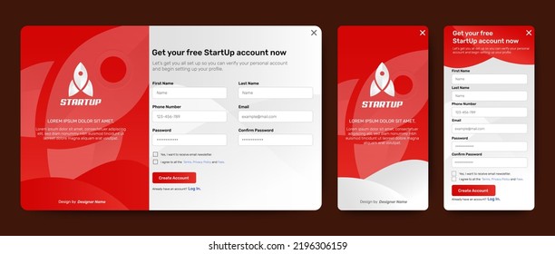 Registration and login forms page with gradient red color. Set of Sign Up and Sign In forms Professional web design, full set of elements. User-friendly design materials.