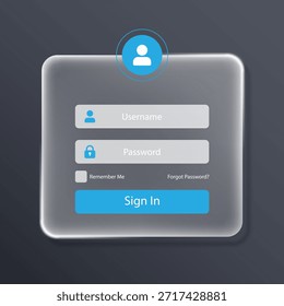 Página de formularios de registro y Inicio de sesión en un estilo de vidrio líquido. Plantilla de formulario de Iniciar sesión para UI, aplicación y Web. Nombre de usuario, correo electrónico y Contraseña. Morfismo de vidrio transparente. Ilustración vectorial.