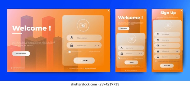 Diseño de plantillas de formularios de registro e inicio de sesión. Formularios de fondo naranja para sitio web y móvil. Materiales de diseño fáciles de usar.