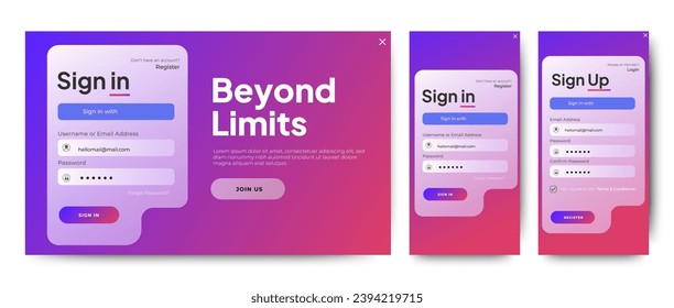 Plantilla de la página de formularios de registro e inicio de sesión ui. Conjunto de formularios de suscripción e inicio de sesión Diseño web profesional, conjunto completo de elementos. Materiales de diseño fáciles de usar.