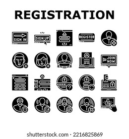 registration login website form icons set vector. register web, user online, business computer, digital internet, application password registration login website form glyph pictogram Illustrations