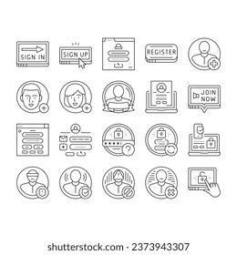 registration login website form icons set vector. register web, user online, business computer, digital internet, application password registration login website form black contour illustrations