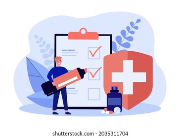 Registration of medical insurance flat vector illustration. Tiny man marking items on giant list of conditions, fulfillment of medical orders with marker. Medicine, insurance, health concept