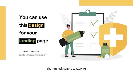 Registration of medical insurance flat vector illustration. Tiny man marking items on giant list of conditions, fulfillment of medical orders with marker. Medicine, insurance, health concept