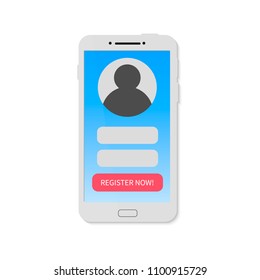 Registration new account. Sign in page on smartphone screen. Mobile phone with authentication interface. Creating account on social media or website. Register now bottom.  Flat vector illustration.