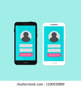 Registration new account. Sign in page on smartphone screen. Mobile phones with authentication interface. Creating account on social media or website. Register now button.  Flat vector illustration.
