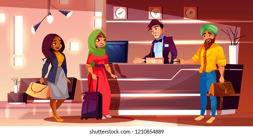 Registration of newly arrived guests on hotel reception cartoon vector illustration with hospitable hotel receptionist welcoming foreign, multinational travelers. Rooms reservation for indian tourists