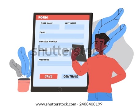 Registration on forum. Man with tablet add personal data. Young guy create account at website. Character create profile in social networks and messengers. Cartoon flat vector illustration