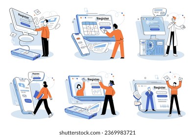 Inscripción en línea. Ilustración vectorial. Las medidas de seguridad en Internet garantizan la protección de la información personal durante el registro. Puede ser necesario autorizar el acceso a características específicas después del registro