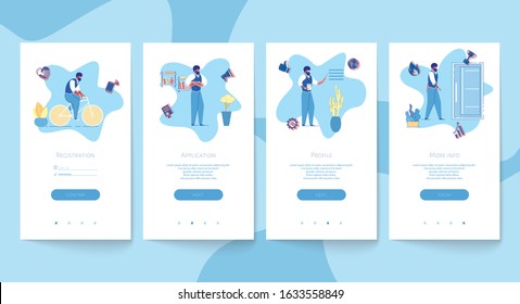 Registration and Profile Data Filling Out Interface Set. Customers Personal Account Creation - Businessman Cartoon Character Performing Various Daily Entrepreneurs Activity. Flat Vector Illustration.