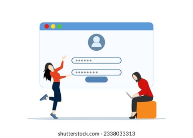 Registration or register user interface. People use secure logins and passwords, authorization of account data. Characters use personal data security. Online registration forms mobile technology.