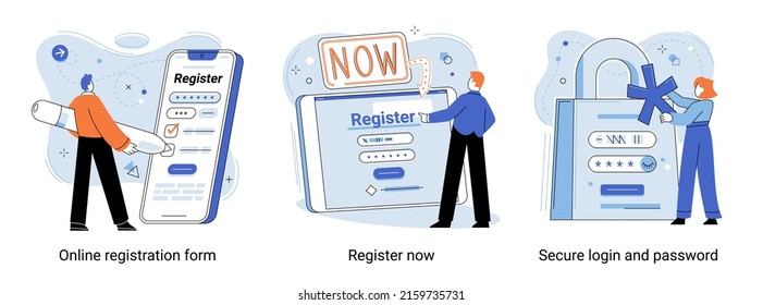 Registration or sign up user interface metaphor. People using secure login and password, account data authorization. Characters use personal data security. Registration online form mobile technology