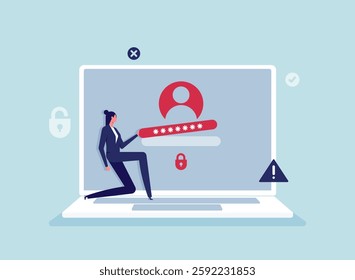 Registration or sign up user interface,  User use secure login and password protection on website or social media account, woman register online on different devices