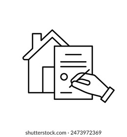 Registrierung und Unterschrift des Dokuments für den Kauf des Hauses, Linie Symbol. Hypothek, Vermietung, Verkauf Hausvertrag. Immobilienversicherung. Vektorgrafik