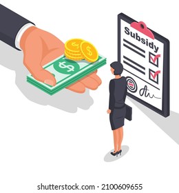 Registration of subsidies. Document and money. Please get a discount on payment. Vector illustration isometric design. Isolated on white background.