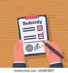 Registration of subsidies. Man writes a document. Sign the document, please get a discount on payment. Vector illustration flat design. Isolated on white background.