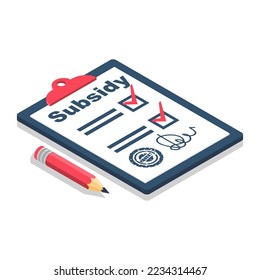 Registrierung von Subventionen. Schreibt ein Dokument. Unterschreiben Sie das Dokument, erhalten Sie einen Rabatt auf die Zahlung. Flaches Vektorgrafik-Design. Einzeln auf weißem Hintergrund.