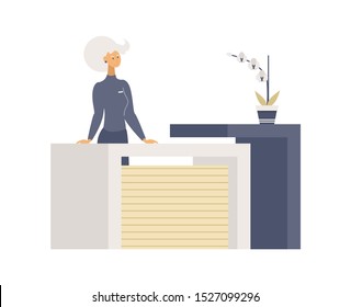 Registration table flat vector illustrations. Smiling young woman, friendly receptionist cartoon character. Customer service concept, hotel lobby, beauty salon reception interior design element