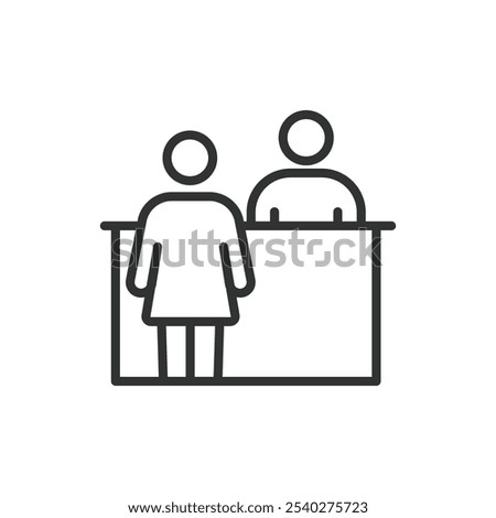 Registration table, icon in line design. Registration, table, sign-in, form, attendees, check-in, name-badge on white background vector. Registration table editable stroke icon