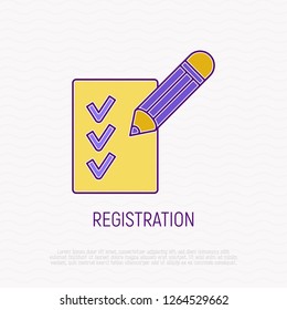 Registration thin line icon: pencil puts marks on paper. Modern vector illustration.