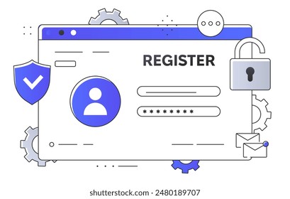 Anmeldung bei Website Concept. Eingeben von Login und Passwort auf der Webseite. Geben Sie ein Profil oder Account bei sozialen Netzwerken und Messengern. Flache lineare Vektorillustration auf weißem Hintergrund