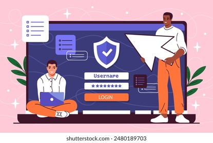 Inscripción en el Sitio web. Los hombres con portátil digital entran en Inicio de sesión y Contraseña. Proceso de creación de Cuenta en redes sociales. Perfil en mensajero y Sitio web. Ilustración vectorial plana de dibujos animados