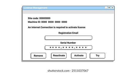 Janela de registro em estilo antigo no computador. Formulário digital de Número de Série. Ativar aplicativo de software.