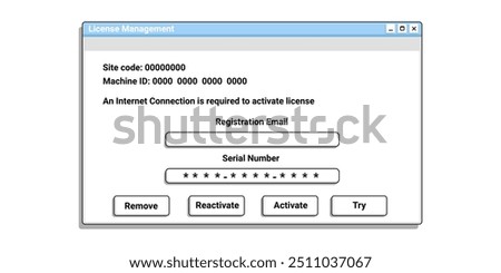 Registration window in old style on computer. Serial Number digital form. Activate software application.